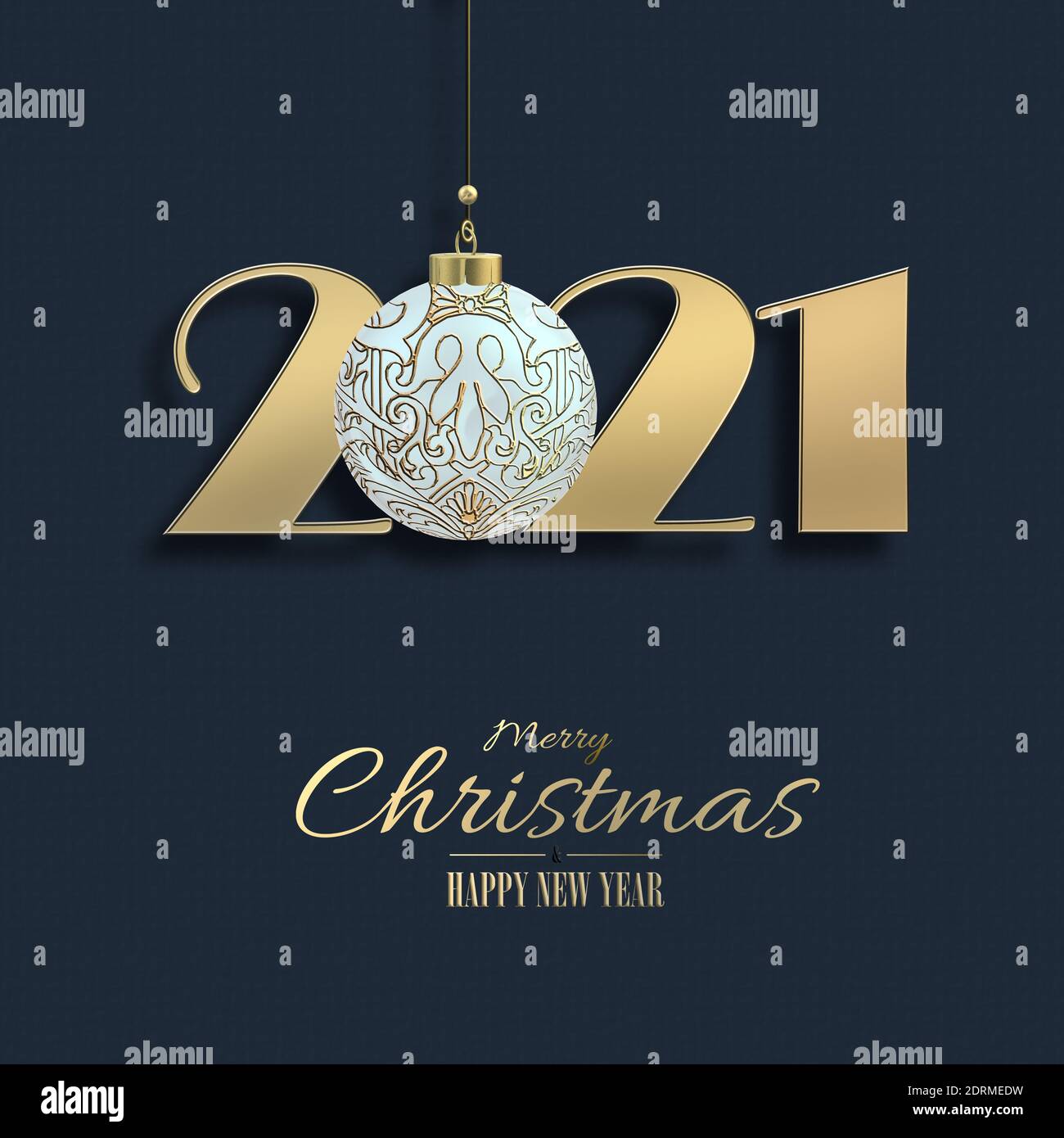 Carte du nouvel an des fêtes 2021 avec chiffre d'attente numéro 2021 et boule de Noël sur fond bleu noir. Copier l'espace. Texte de l'annonce de Noël du nouvel an. 3D il Banque D'Images