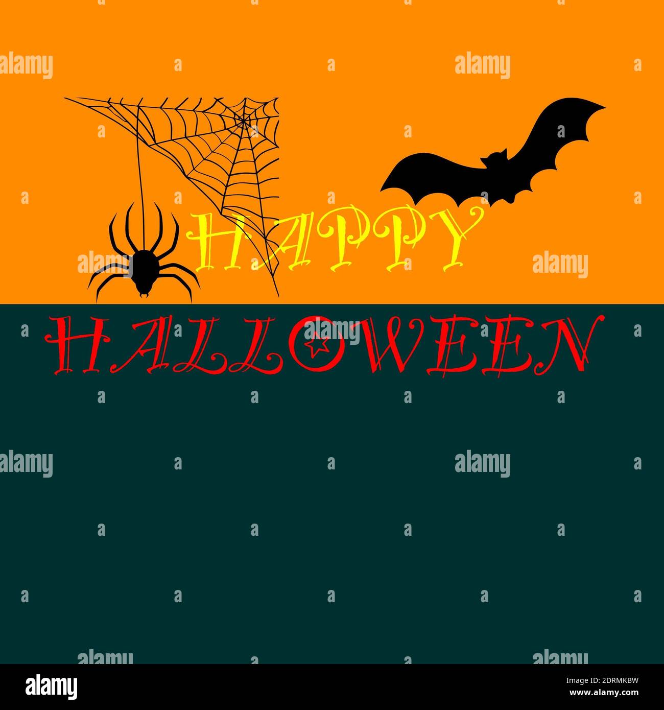 Une illustration de toiles d'araignée, de chauves-souris et d'araignées isolées sur un fond coloré - concept d'Halloween Banque D'Images