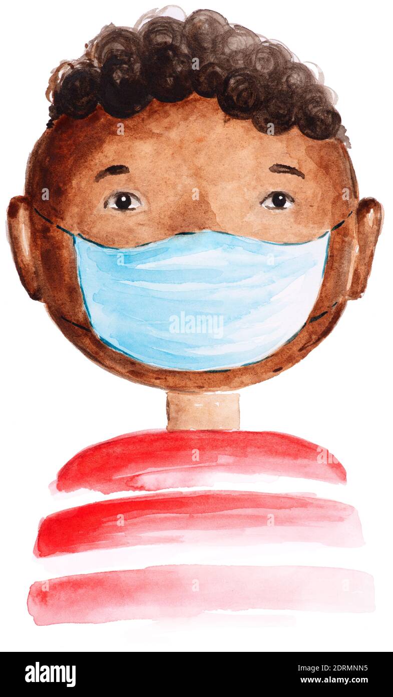 Portrait d'un enfant noir mignon dans un masque médical de protection du visage. Illustration aquarelle dessinée à la main. Banque D'Images
