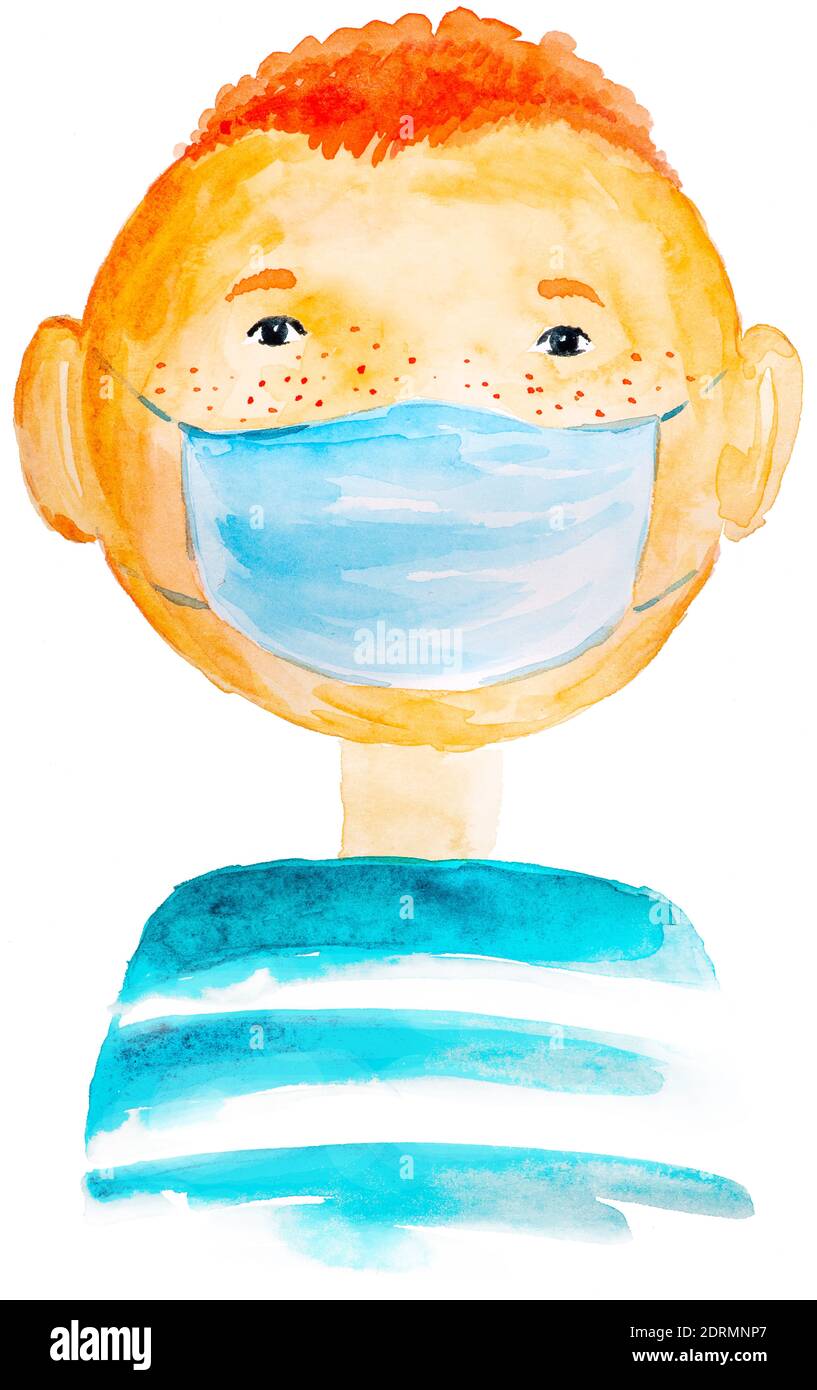 Portrait d'un enfant rouge mignon dans un masque de protection médicale. Illustration aquarelle dessinée à la main. Banque D'Images