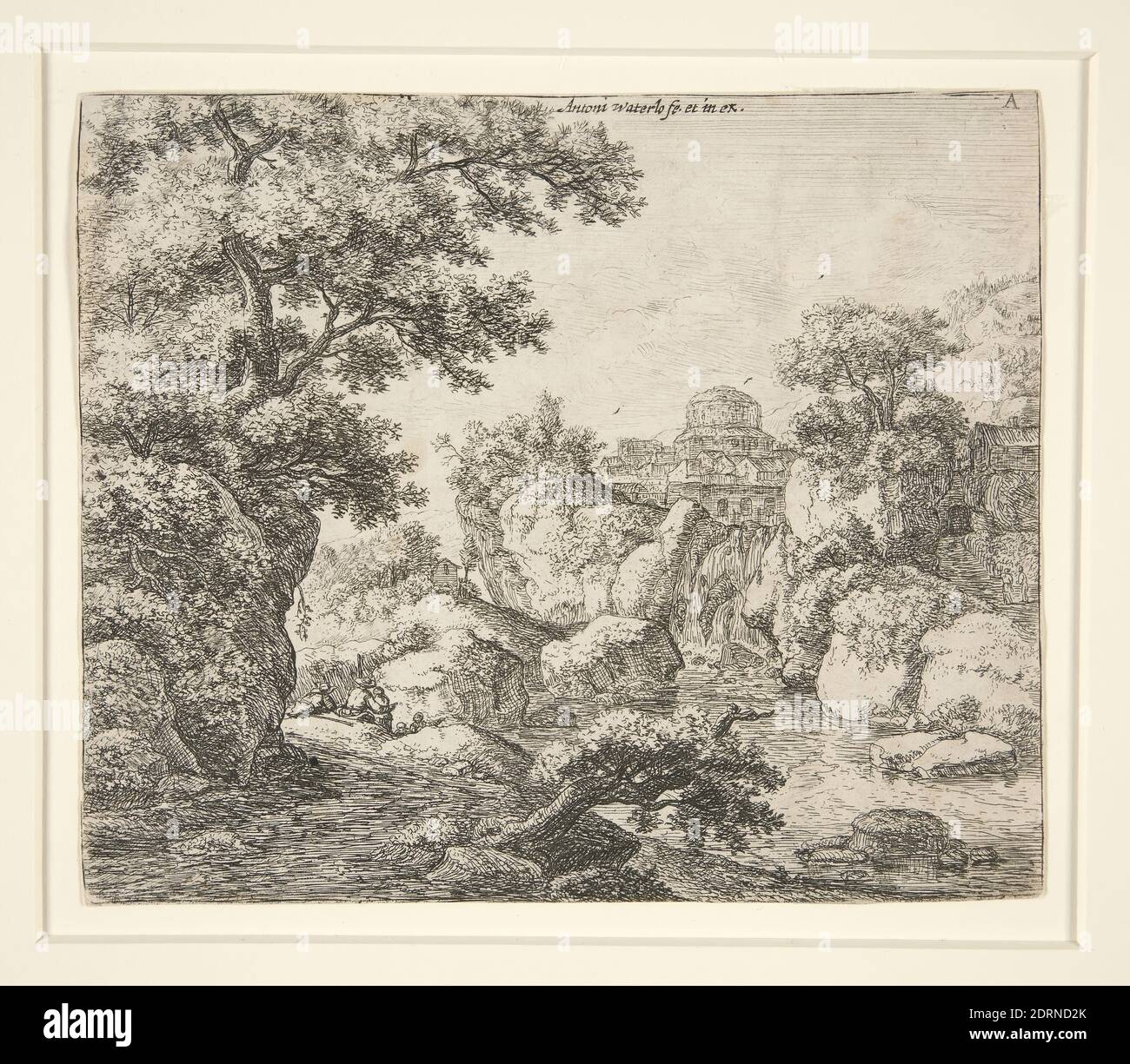 Artiste: Anthonie Waterloo, Néerlandais, 1610–1690, chute d'eau sous un immeuble à dôme, Etching, feuille: 13 × 15.6 cm (5 1/8 × 6 1/8in.), fait aux pays-Bas, Néerlandais, 17ème siècle, oeuvres sur papier - estampes Banque D'Images