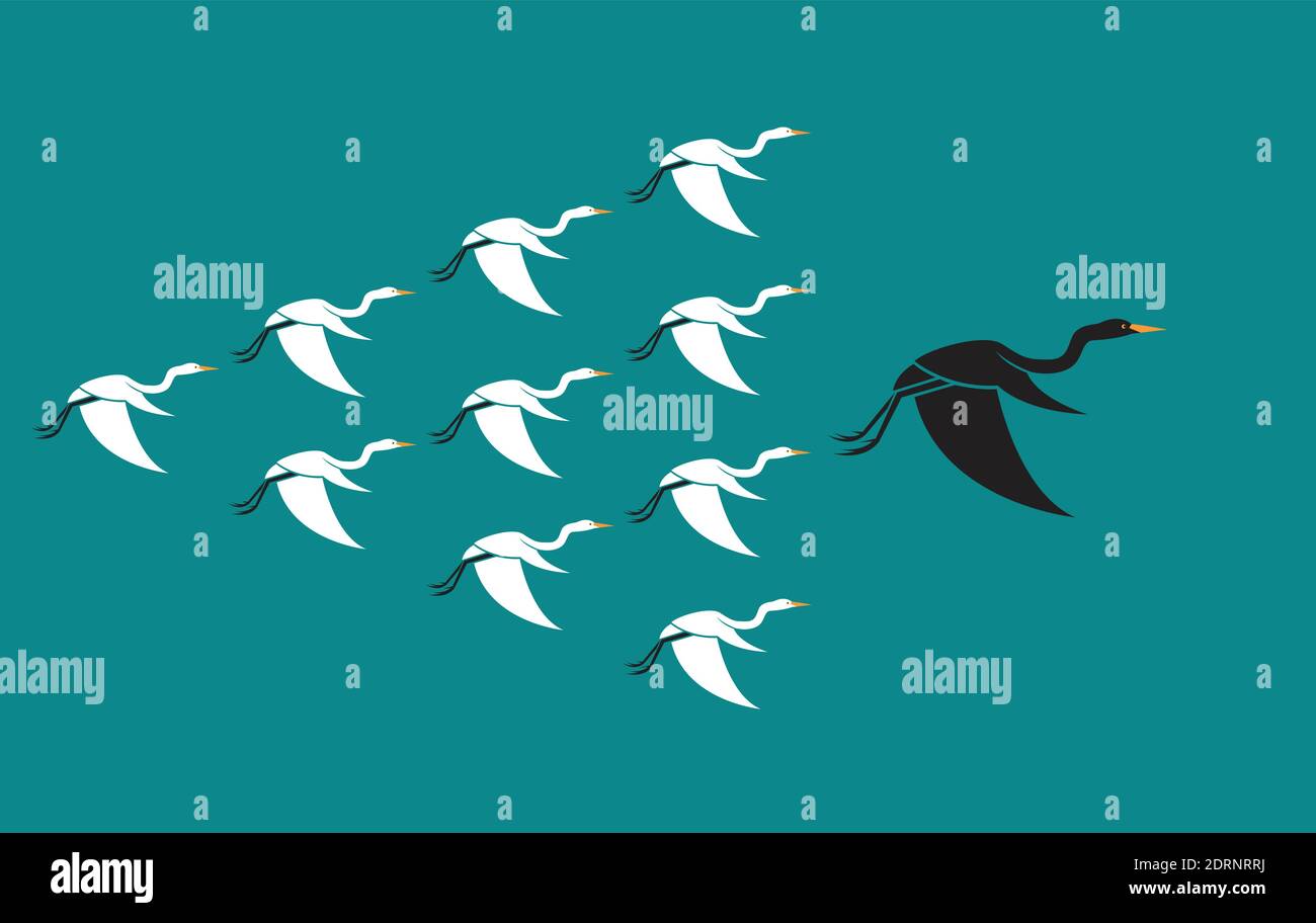 Troupeau d'oiseaux volant sur fond bleu, concept de leadership et de différence. Heron. Illustration vectorielle superposée facile à modifier. Animaux sauvages. Illustration de Vecteur