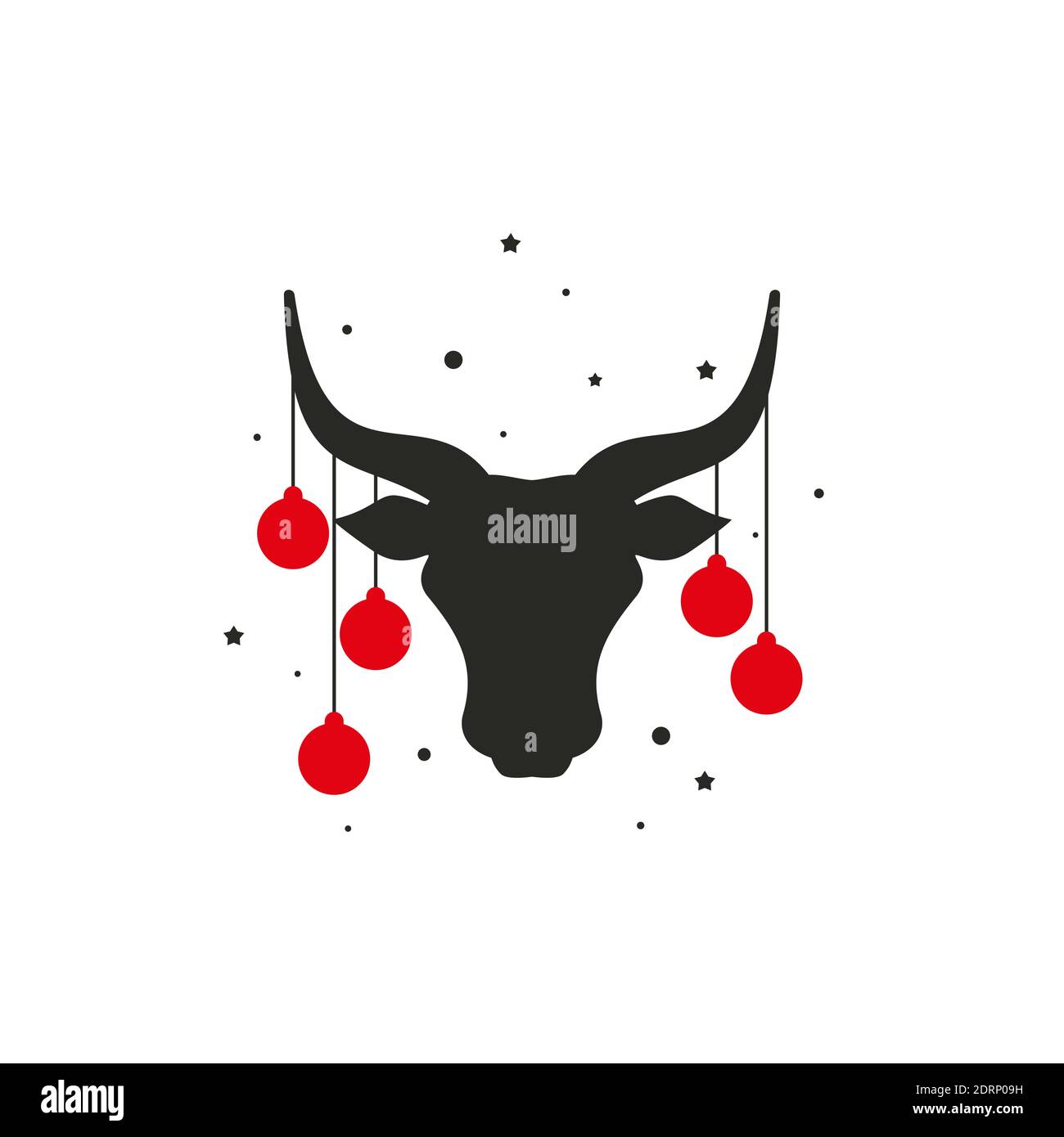 Tête de vache avec boules rouges de noël sur les cornes, la neige et les étoiles. Symbole bœuf ou lait. Illustration vectorielle isolée sur blanc. Carte de Noël Illustration de Vecteur