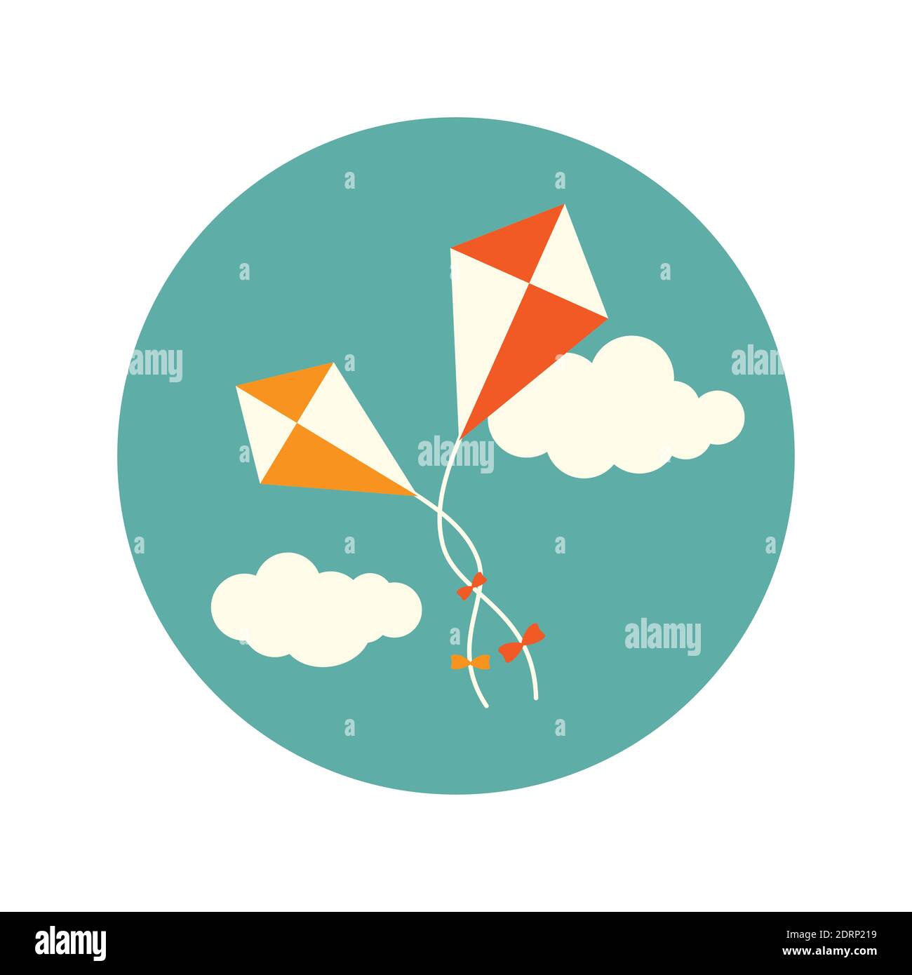 deux cerfs-volants orange avec nuages dans un cercle bleu. Motif dessin animé plat. Fantaisie, créativité, liberté. Arrière-plan vectoriel. Illustration de Vecteur