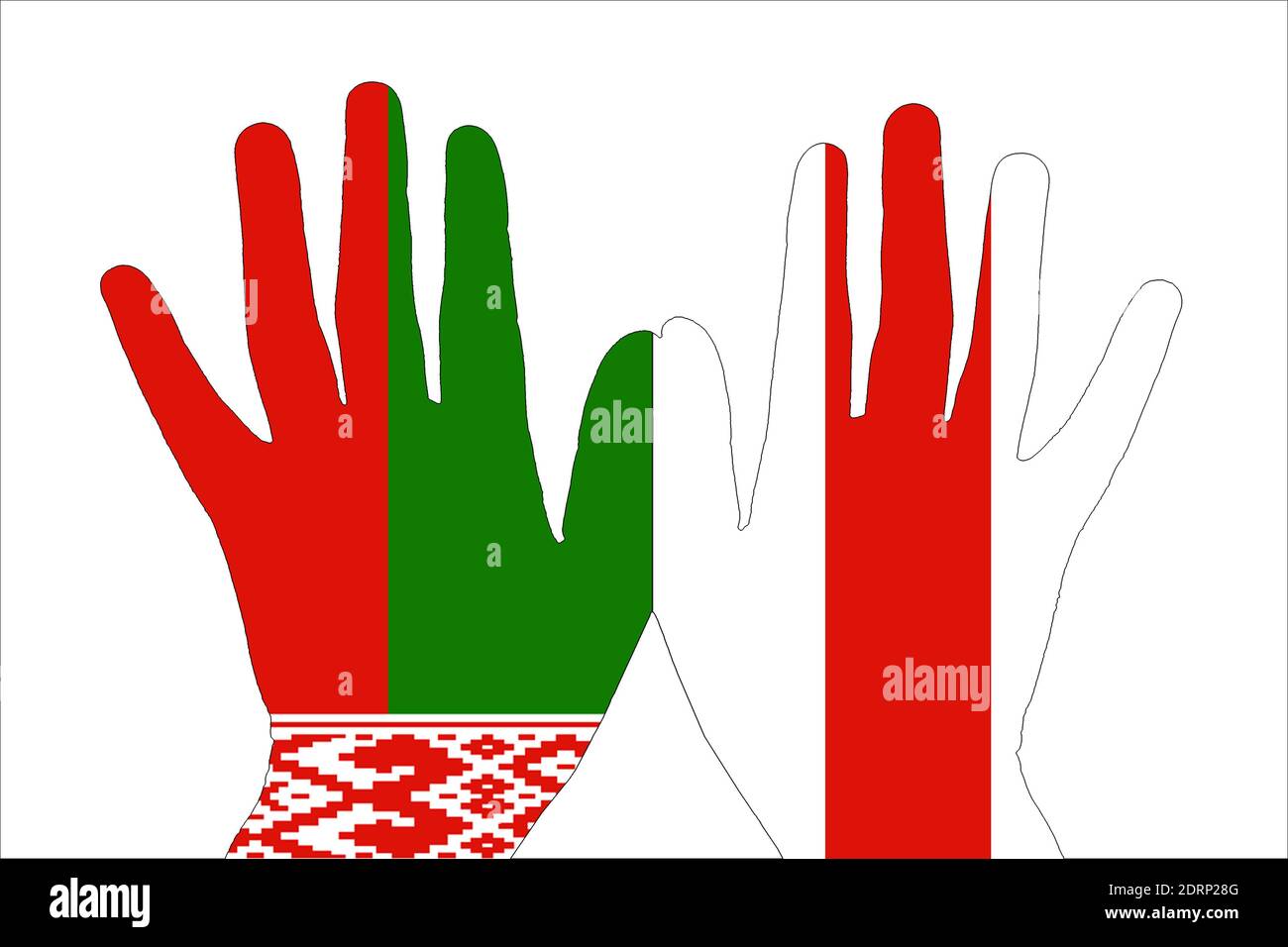 Silhouettes de mains avec le drapeau national biélorusse et le drapeau d'opposition. Banque D'Images