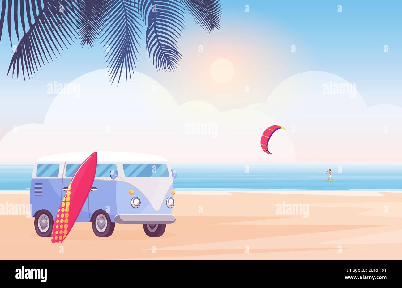 Surfeur de voyage en bus avec planche de surf sur la plage tropicale illustration vectorielle. Paysage de plage de dessins animés, camionnette de camping sur une plage de sable et un palmier, personnage de surfeur surfant en fond de mer ou de vagues de l'océan Illustration de Vecteur