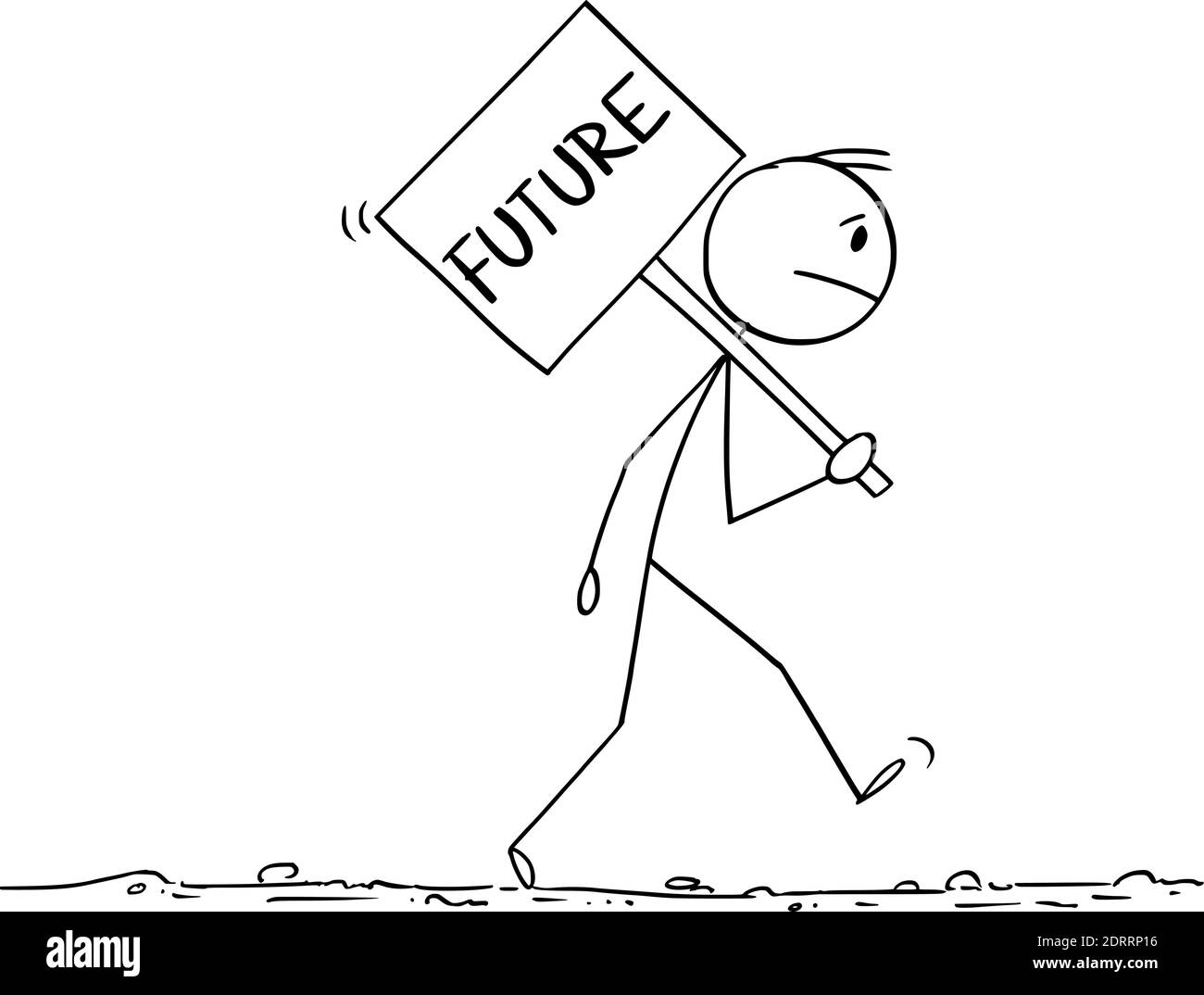 Vecteur bâton de dessin animé illustration de l'homme ou de l'homme d'affaires stressé, frustré, triste ou fatigué tenant et marchant avec le signe de l'avenir. Illustration de Vecteur