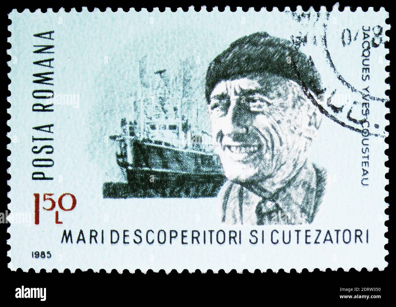 MOSCOU, RUSSIE - 10 FÉVRIER 2019 : un timbre imprimé en Roumanie montre Jacques-Yves Cousteau, chercheurs et explorateurs célèbres, vers 1985 Banque D'Images