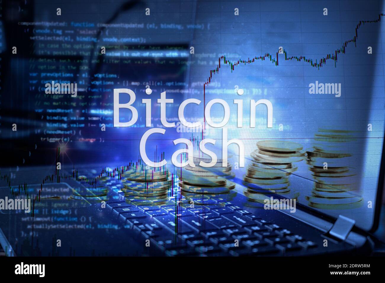 Inscription en argent Bitcoin sur l'arrière-plan de l'ordinateur portable et du code. Concept de crypto-monnaie. Banque D'Images