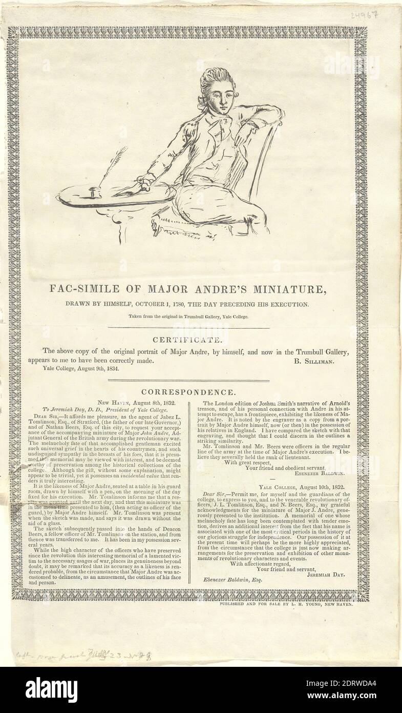 Après : Major John Andre, Britannique, 1751–1780, Auto-portrait (le jour précédant son exécution), 1er octobre 1780, reproduction en grand format du dessin original (YUAG 1832.103), feuille: 32.7 × 20 cm (12 7/8 × 7 7/8 po.), fabriqué aux États-Unis, américain, 18e siècle, œuvres sur papier - tirages Banque D'Images