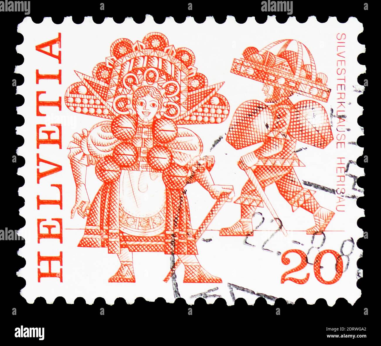 MOSCOU, RUSSIE - 10 FÉVRIER 2019 : un timbre imprimé en Suisse montre Silvesterkläuse, Herisau, série de coutumes folkloriques, vers 1977 Banque D'Images