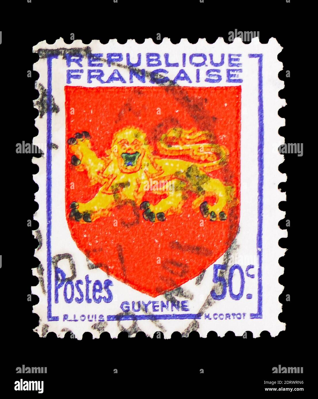 MOSCOU, RUSSIE - 10 FÉVRIER 2019 : un timbre imprimé en France montre Guyenne, série des armoiries, vers 1949 Banque D'Images