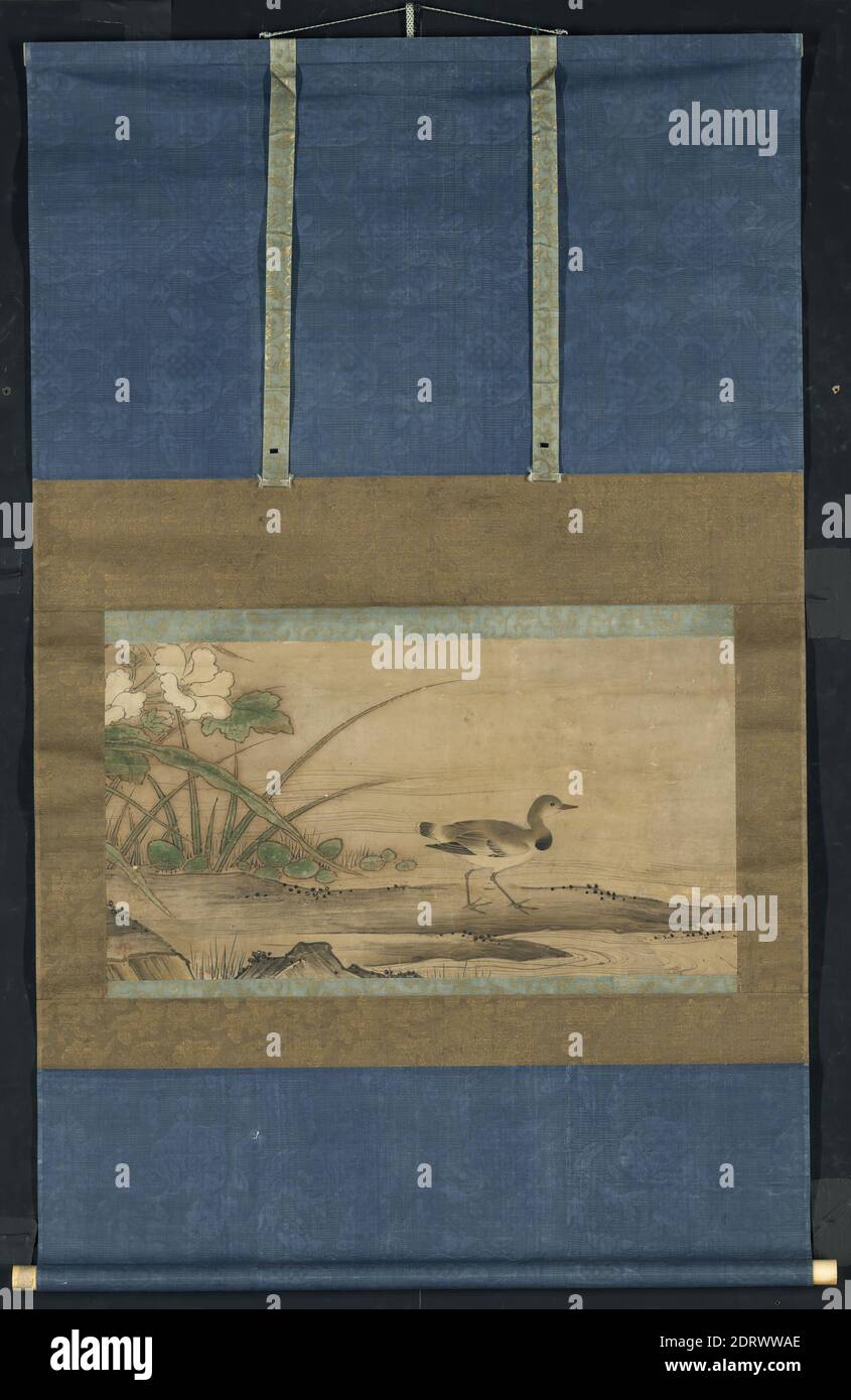 Artiste, école de: Kano Motonobu, japonais, 1476–1559, oiseau d'eau sur sable près des roseaux et du malow, deuxième moitié du XVIe siècle, rouleau suspendu, encre et couleur sur papier, rouleaux ivoire, sans montage: 13 3/8 × 24 15/16 po. (33.9 × 63.4 cm), Japon, Japonais, période de Muromachi (1336–1573), peintures Banque D'Images