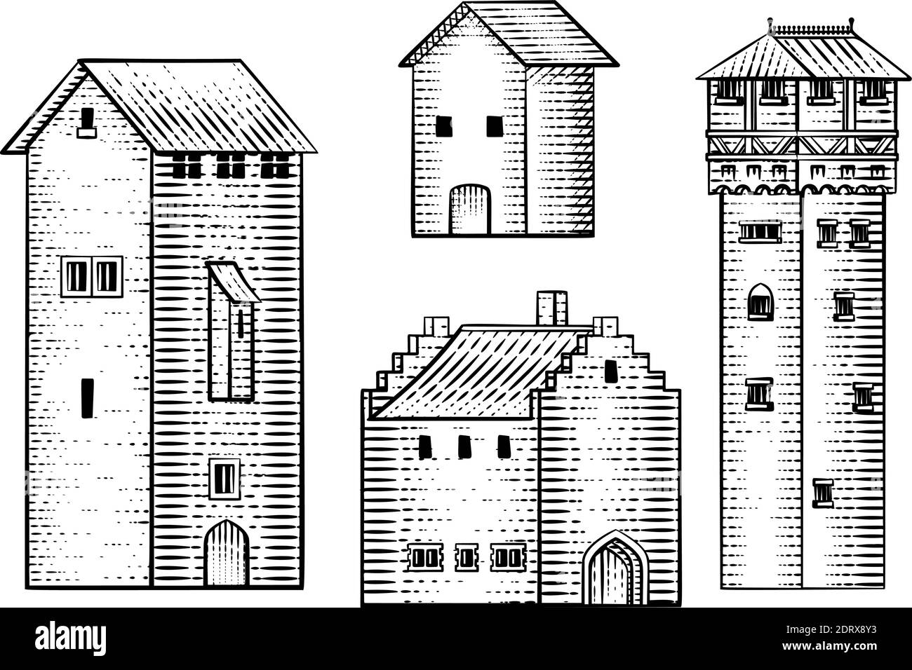 Ensemble Old Medieval Houses Buildings Vintage Woodcut Illustration de Vecteur