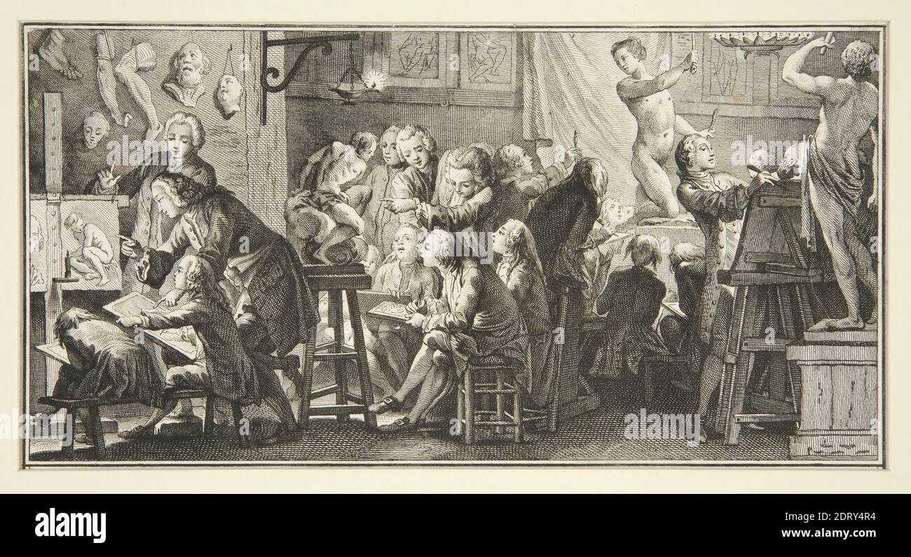 Artiste: Benoît-Louis Prévost, français, 1747–ca. 1804, après: Charles-Nicolas Cochin le plus jeune, français, 1715–1790, vue d'une classe de dessin, gravure et gravure, image: 10.2 × 20 cm (4 × 7 7/8in.); feuille: 11 × 22.1 cm (4 5/16 × 8 11/16in.), fabriqué en France, français, 18e siècle, œuvres sur papier - tirages Banque D'Images Artiste: Benoît-Louis Prévost, français, 1747–ca. 1804, après: Charles-Nicolas Cochin le plus jeune, français, 1715–1790, vue d'une classe de dessin, gravure et gravure, image: 10.2 × 20 cm (4 × 7 7/8in.); feuille: 11 × 22.1 cm (4 5/16 × 8 11/16in.), fabriqué en France, français, 18e siècle, œuvres sur papier - tirages Banque D'Images