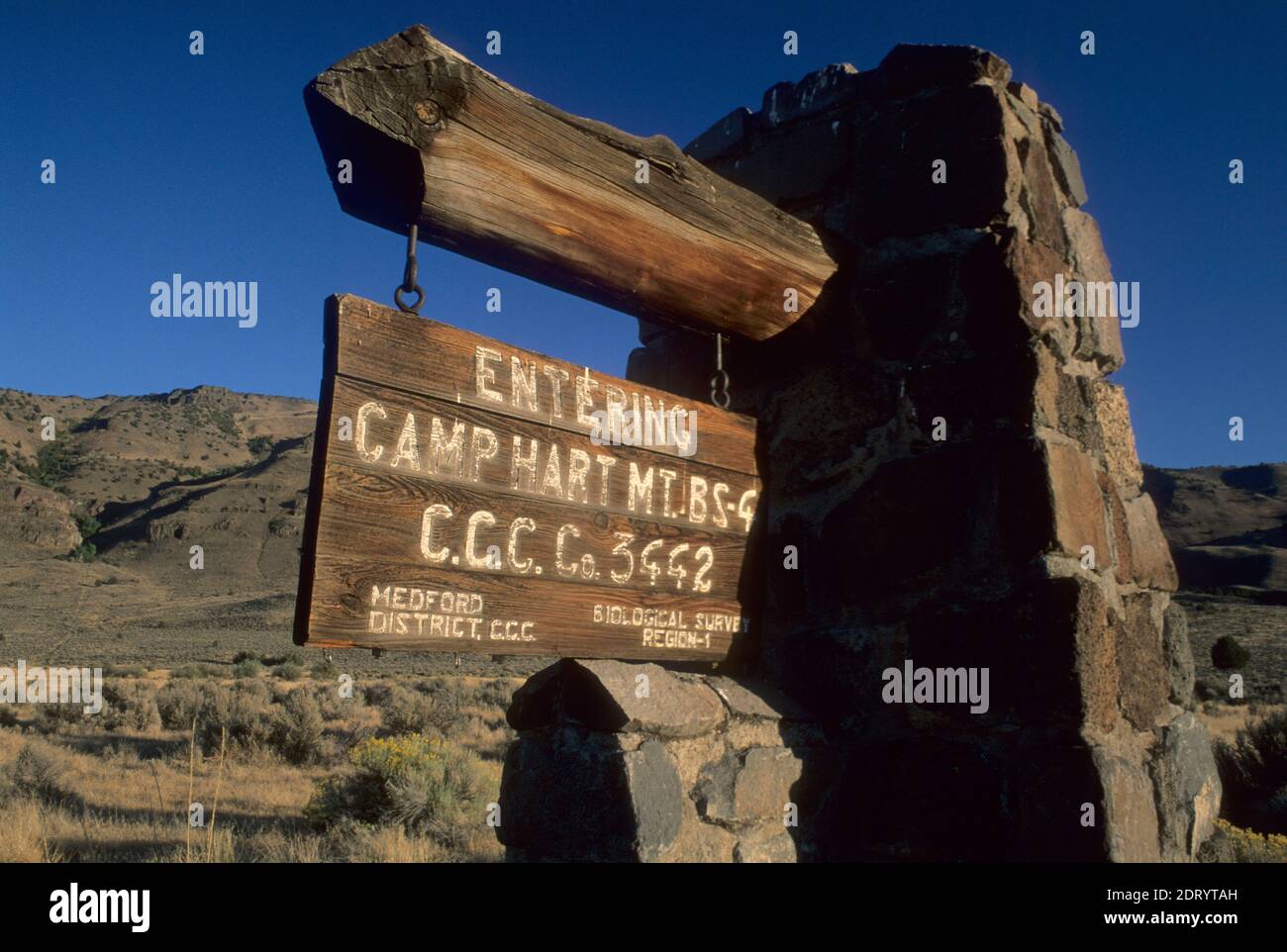 Panneau du camp de CCC de Hart Mountain, refuge national d'antilope de Hart Mountain, Oregon Banque D'Images