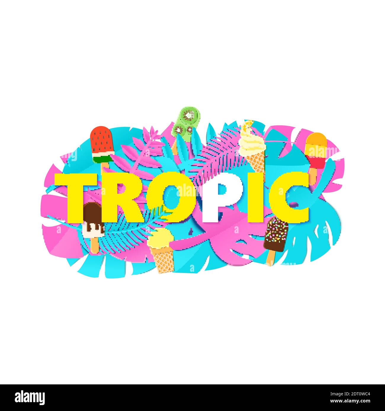 Composition Word TROPIC avec feuilles de jungle bleu rose créatives et crème glacée sur fond blanc avec style coupé en papier. Lettres de feuilles tropicales pour affiche Illustration de Vecteur