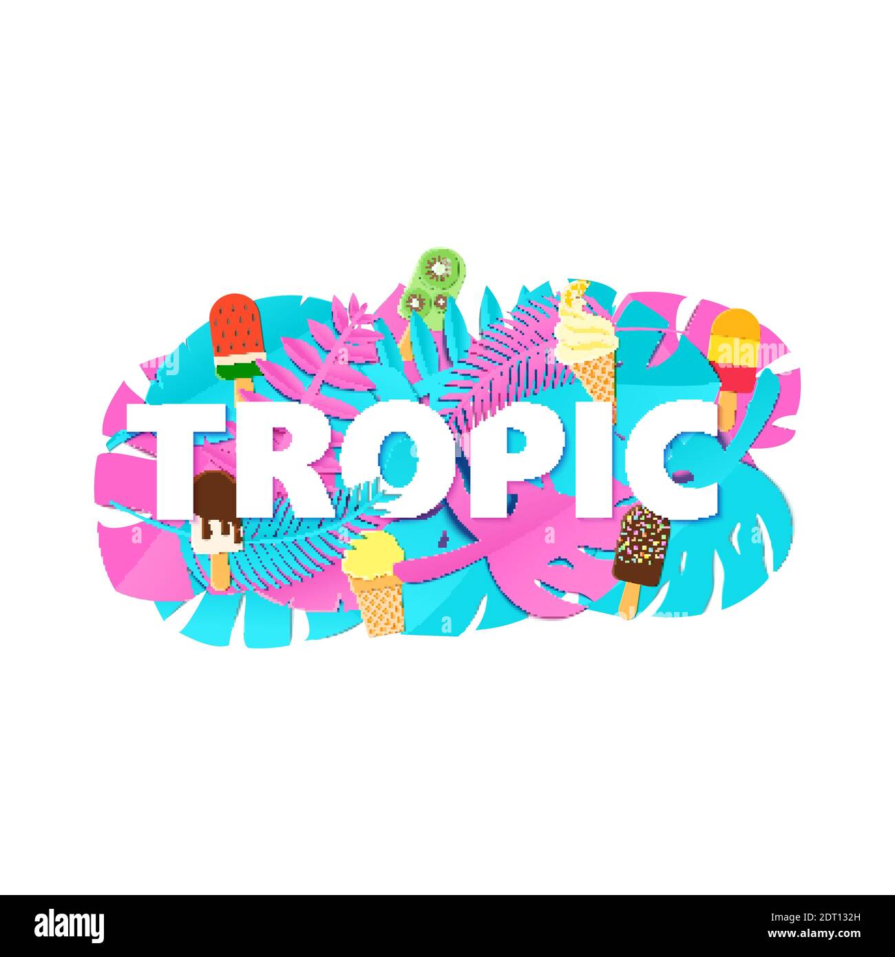 Composition Word TROPIC avec feuilles de jungle bleu rose créatives et crème glacée sur fond blanc avec style coupé en papier. Lettres de feuilles tropicales pour affiche Illustration de Vecteur