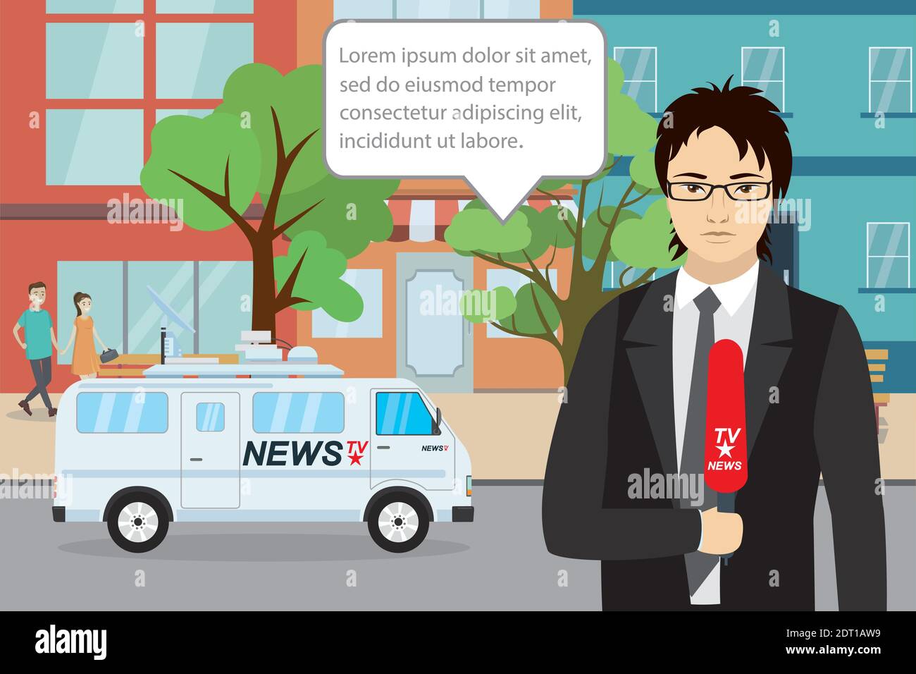 Journaliste asiatique avec microphone et discours à bulles avec texte, camion de nouvelles et bâtiment urbain sur fond, illustration de vecteur de dessin animé Illustration de Vecteur