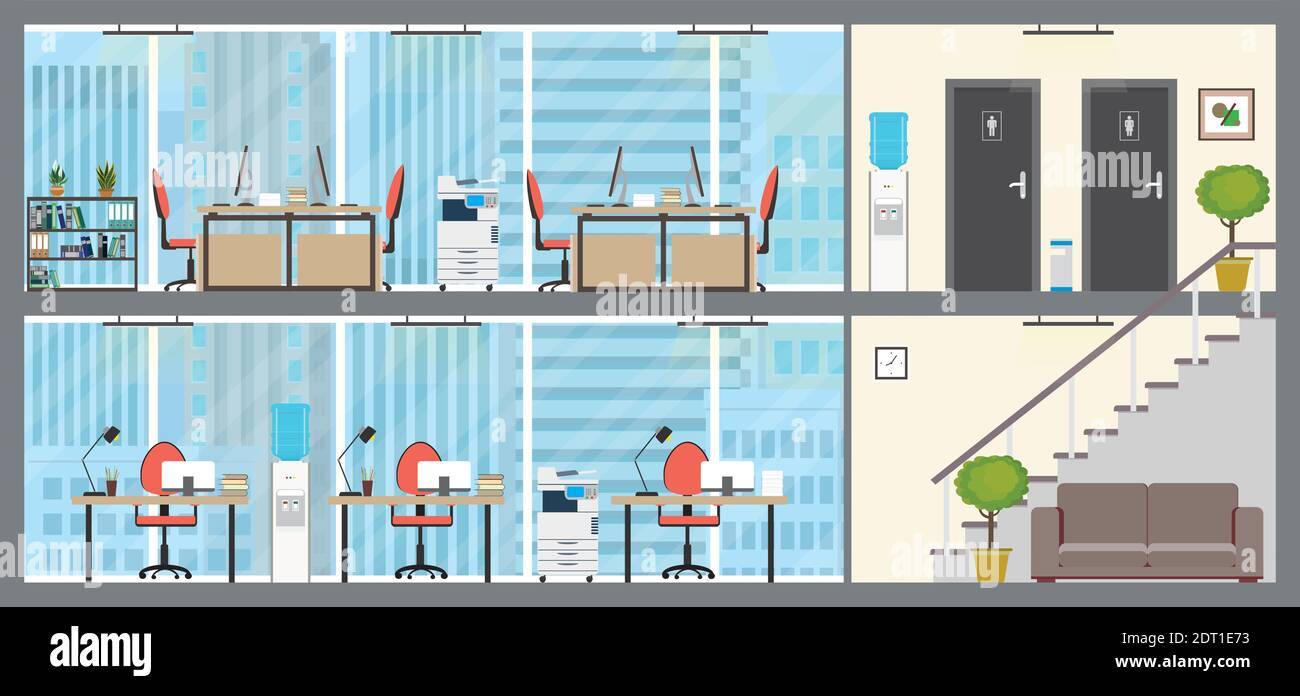 Deux étages de bureau moderne, espace de travail vide intérieur avec meubles, centre d'affaires ou espace de travail, illustration vectorielle plate Illustration de Vecteur
