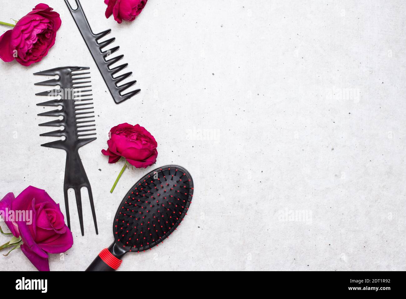 Ensemble de brosses à cheveux avec fleurs roses sur fond blanc avec un espace de copie Banque D'Images