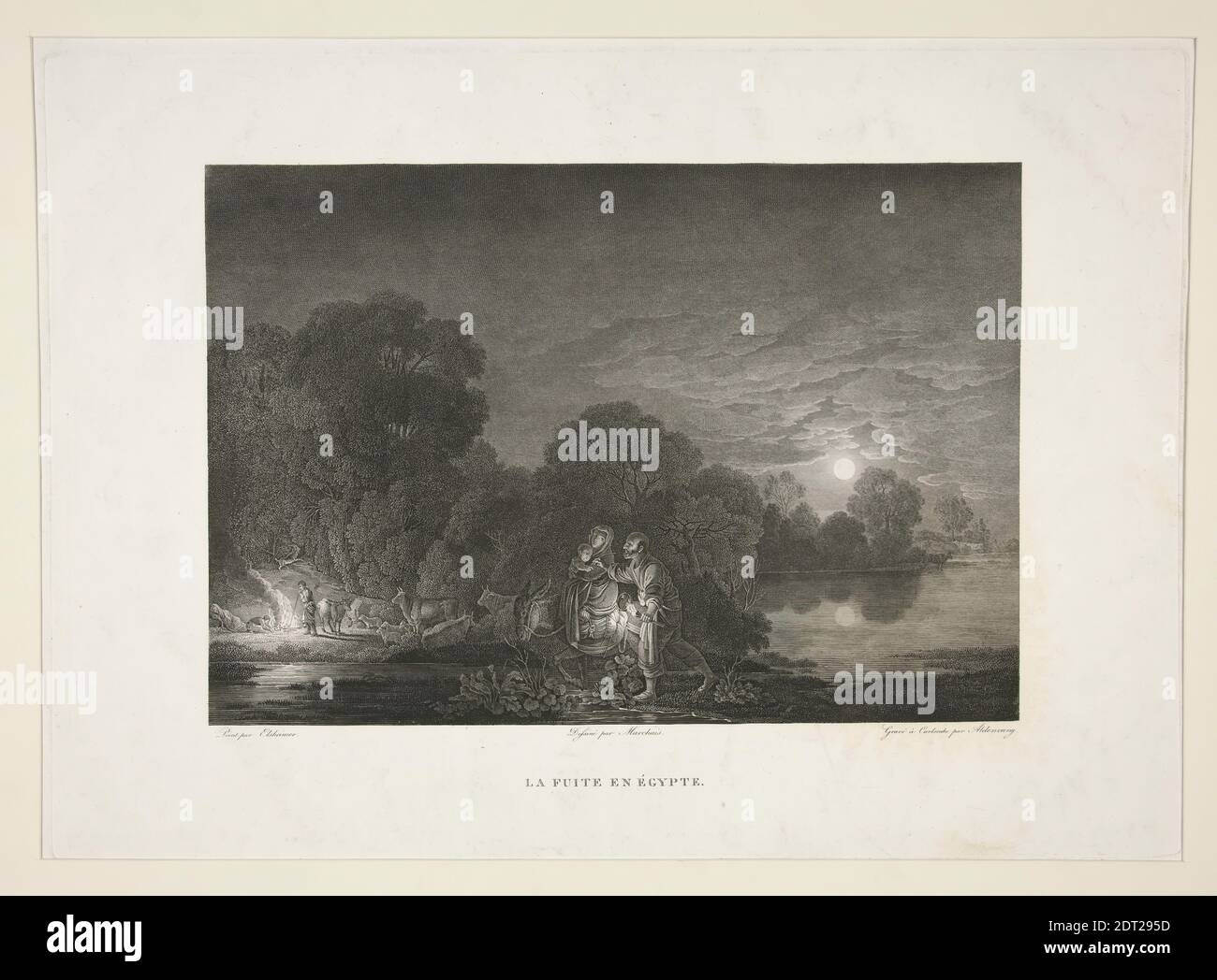 Artiste: Aldenvang, Allemand, après: Adam Elsheimer, Allemand, actif à Rome, 1578–1610, la Fuite en Égitte pour tableaux, statues, Bas reliefs et Camées, de la Galerie de Florence, vers 1790, Etching, feuille: 23.4 × 34.1 cm (9 3/16 × 13 7/16 in.), fabriqué en Allemagne, Allemand, 18ème siècle, oeuvres sur papier - tirages Banque D'Images