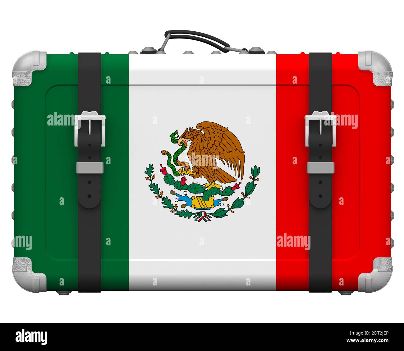 Valise élégante avec le drapeau national du Mexique. La valise rétro avec le drapeau national du Mexique se trouve sur une surface blanche Banque D'Images