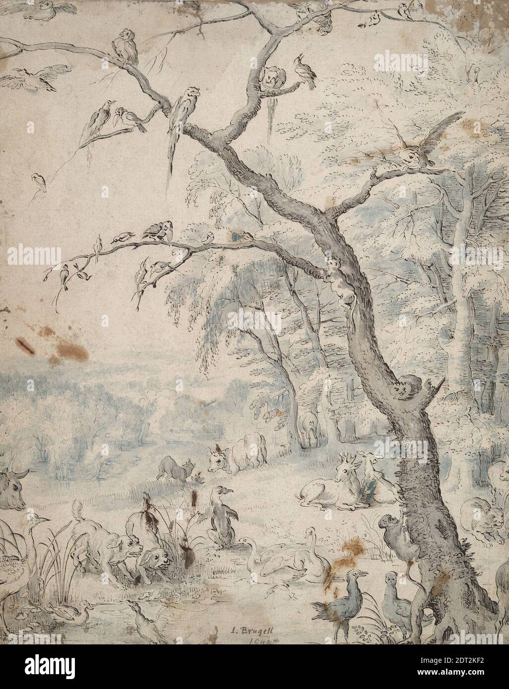Après: Jan Brueghel l'ancien, flamand, 1568–1625, le jardin d'Eden, stylo et encre marron foncé et pinceau et encre bleue et lavage gris et bleu, feuille: 30.5 × 24.2 cm (12 × 9 1/2 in.), fait en Flandre, flamande, XVIIe siècle, œuvres sur papier - dessins et aquarelles Banque D'Images