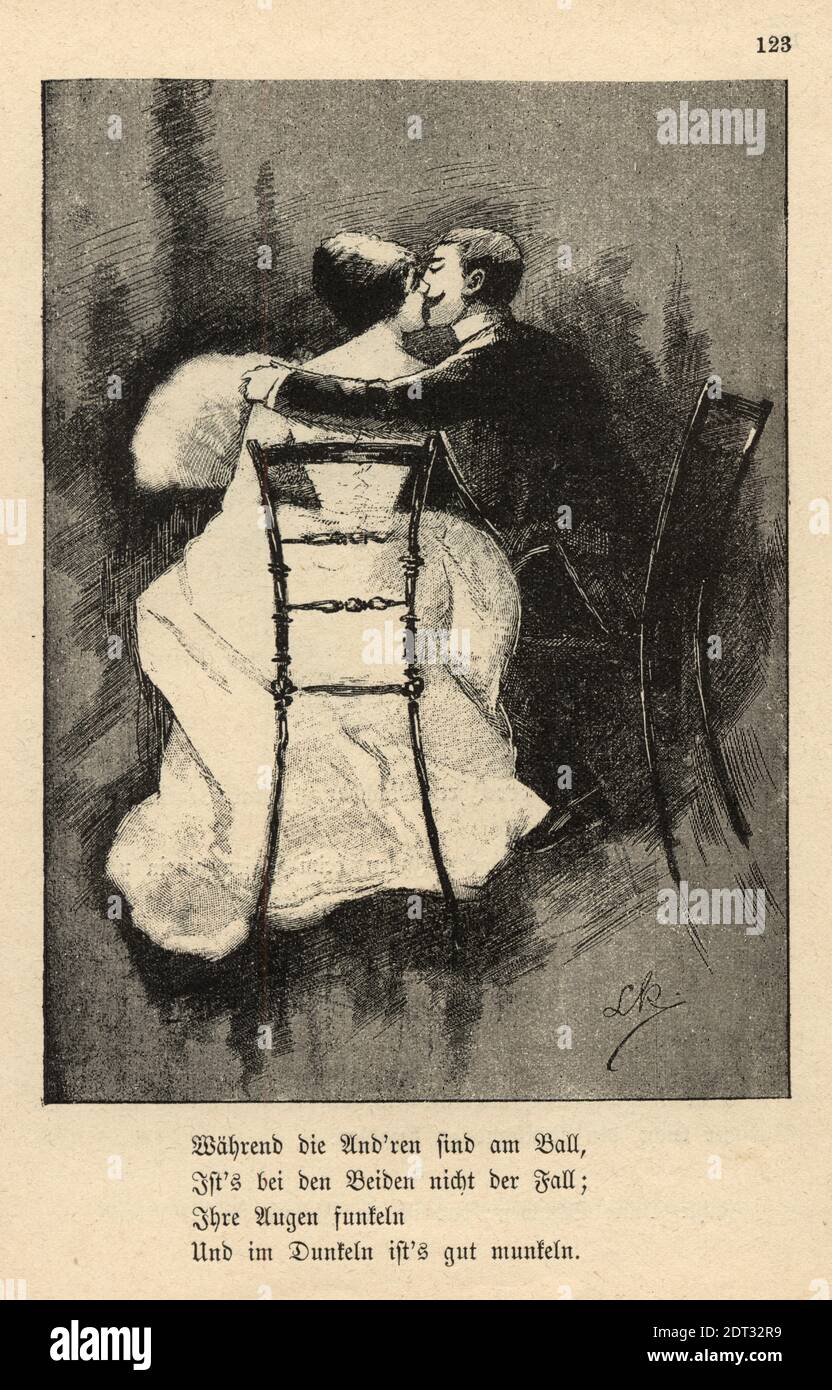 Caricature allemande victorienne d'un jeune couple embrassant, 19e siècle. Tandis que les autres sont sur le ballon, ce n'est pas le cas avec les deux; vos yeux Banque D'Images