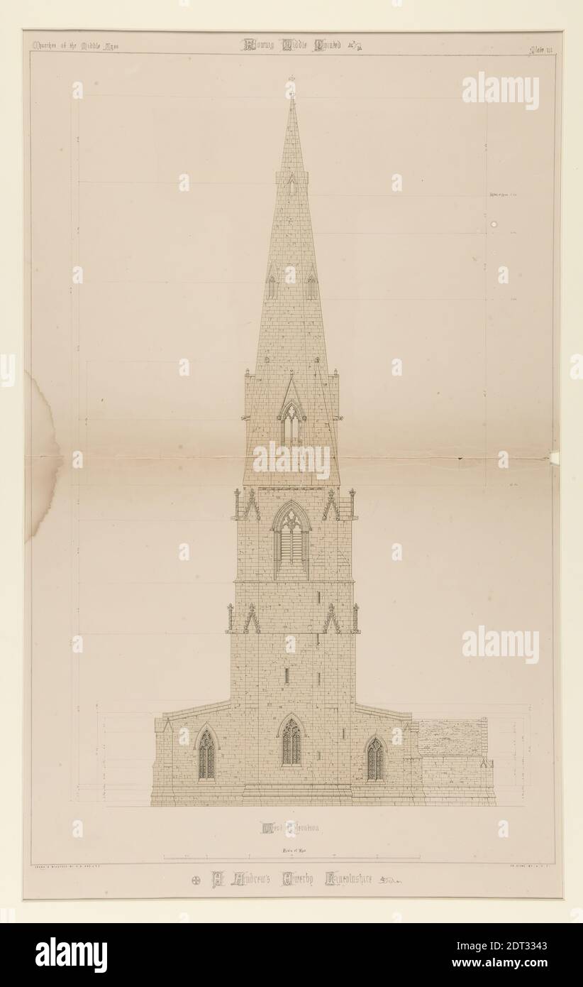 Artiste: Arthur Fitzwilliam Tait, cuisine américaine, 1819–1905, St. Andrew’s Church, Lincolnshire, West Elevation, Lithographie, 58.5 × 38.2 cm (23 1/16 × 15 1/16 po.), fabriqué aux États-Unis, cuisine américaine, 19e siècle, œuvres sur papier - estampes Banque D'Images