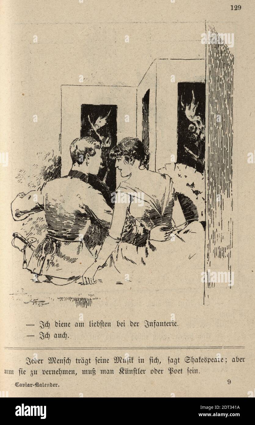 Caricature allemande victorienne d'un jeune flirter avec un soldat, 19e siècle. Je sert sur Moi aussi. J'ai adoré l'infanterie. Banque D'Images
