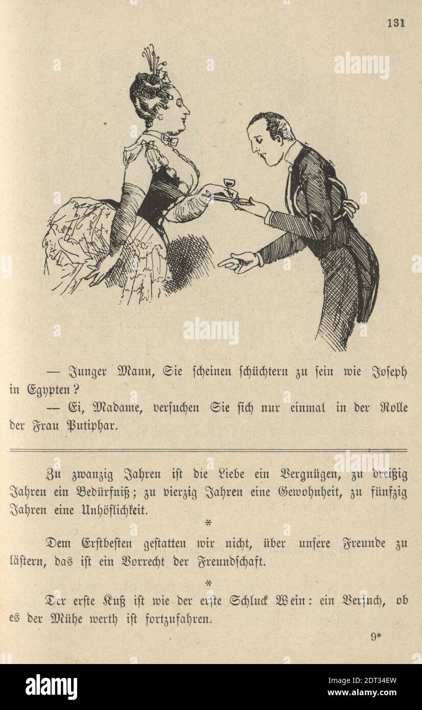 Caricature victorienne allemande de femme de classe supérieure flirtant avec un serveur ou domestique, 19e siècle. Jeune homme, vous avez l'air timide comme Joseph en Egypte? Banque D'Images