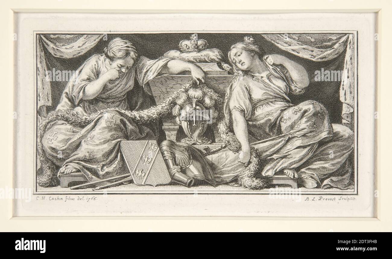 Artiste: Benoît-Louis Prévost, français, 1747–ca. 1804, après : Charles-Nicolas Cochin le plus jeune, français, 1715–1790, Armure, épée et amp; Bouclier flanqué de deux femmes en détresse, Etching, platemark : 8.3 × 15.2 cm (3 1/4 × 6 po.), fabriqué en France, français, XVIIIe siècle, œuvres sur papier - estampes Banque D'Images Artiste: Benoît-Louis Prévost, français, 1747–ca. 1804, après : Charles-Nicolas Cochin le plus jeune, français, 1715–1790, Armure, épée et amp; Bouclier flanqué de deux femmes en détresse, Etching, platemark : 8.3 × 15.2 cm (3 1/4 × 6 po.), fabriqué en France, français, XVIIIe siècle, œuvres sur papier - estampes Banque D'Images