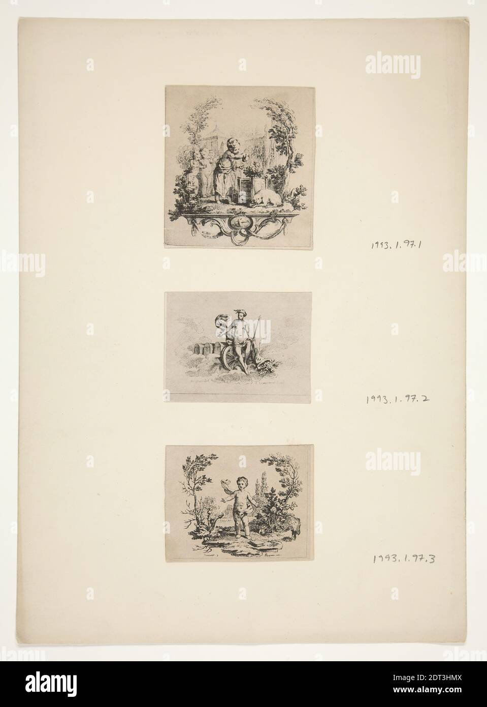 Artiste: Hubert François Gravelot, Français, Angleterre active, 1699–1773, .1: Arrosage d'une plante; .2: Temperence; .3: Enfant dans un jardin, env. 1760, gravures, feuille: 6.4 × 6 cm (2 1/2 × 2 3/8 in.), fabriqué en France, Français, 18ème siècle, oeuvres sur papier - estampes Banque D'Images