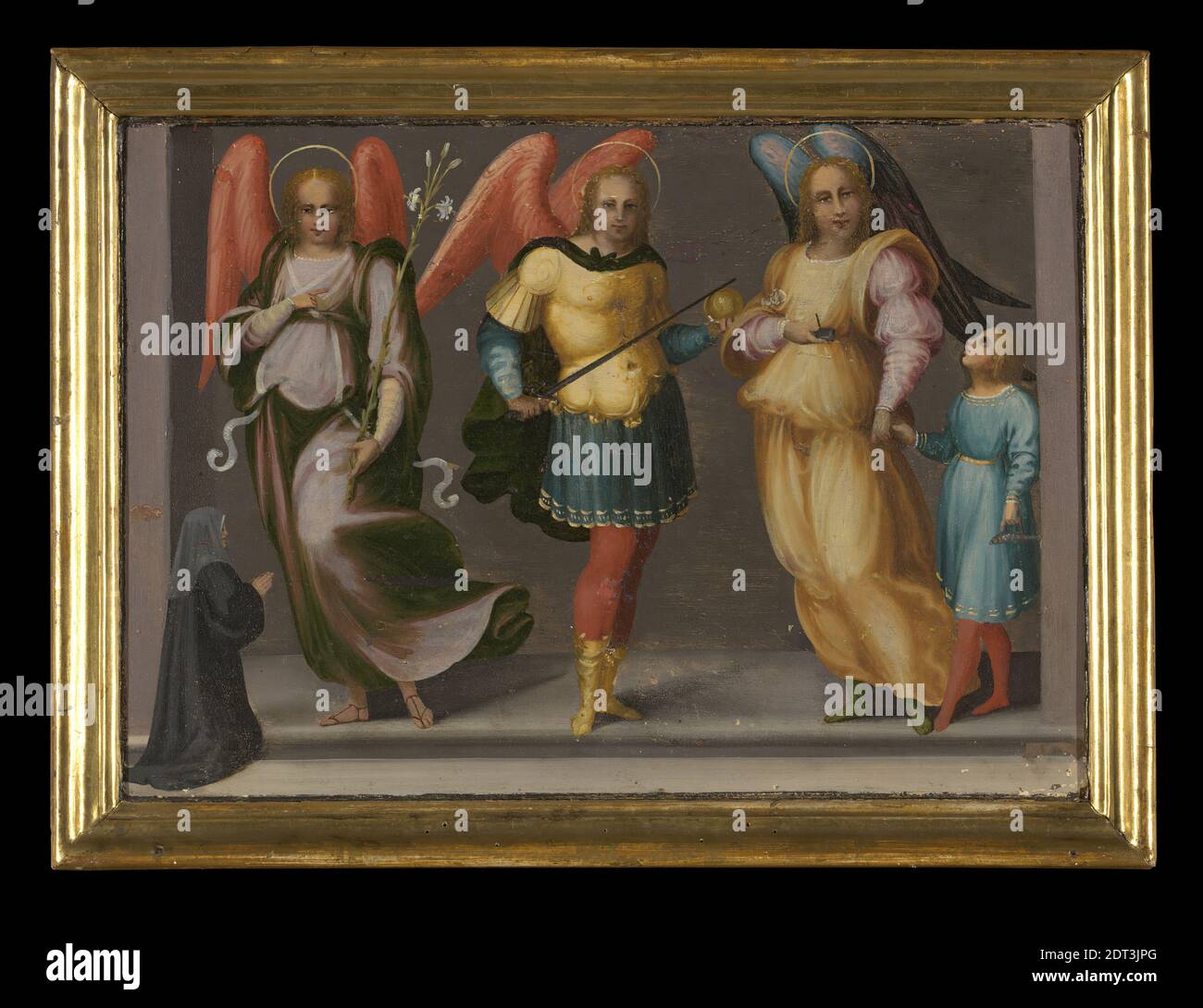 Artiste: Maître de Serumido, Italien, Act. 1500-1525, Archanges Gabriel, Michael, et Raphaël avec Tobias et un donneur féminin, vers 1520–25, huile sur bois, 29.5 × 40 cm (11 5/8 × 15 3/4 in.), fait à Florence, Italie, italienne, Florence, XVIe siècle, peintures Banque D'Images