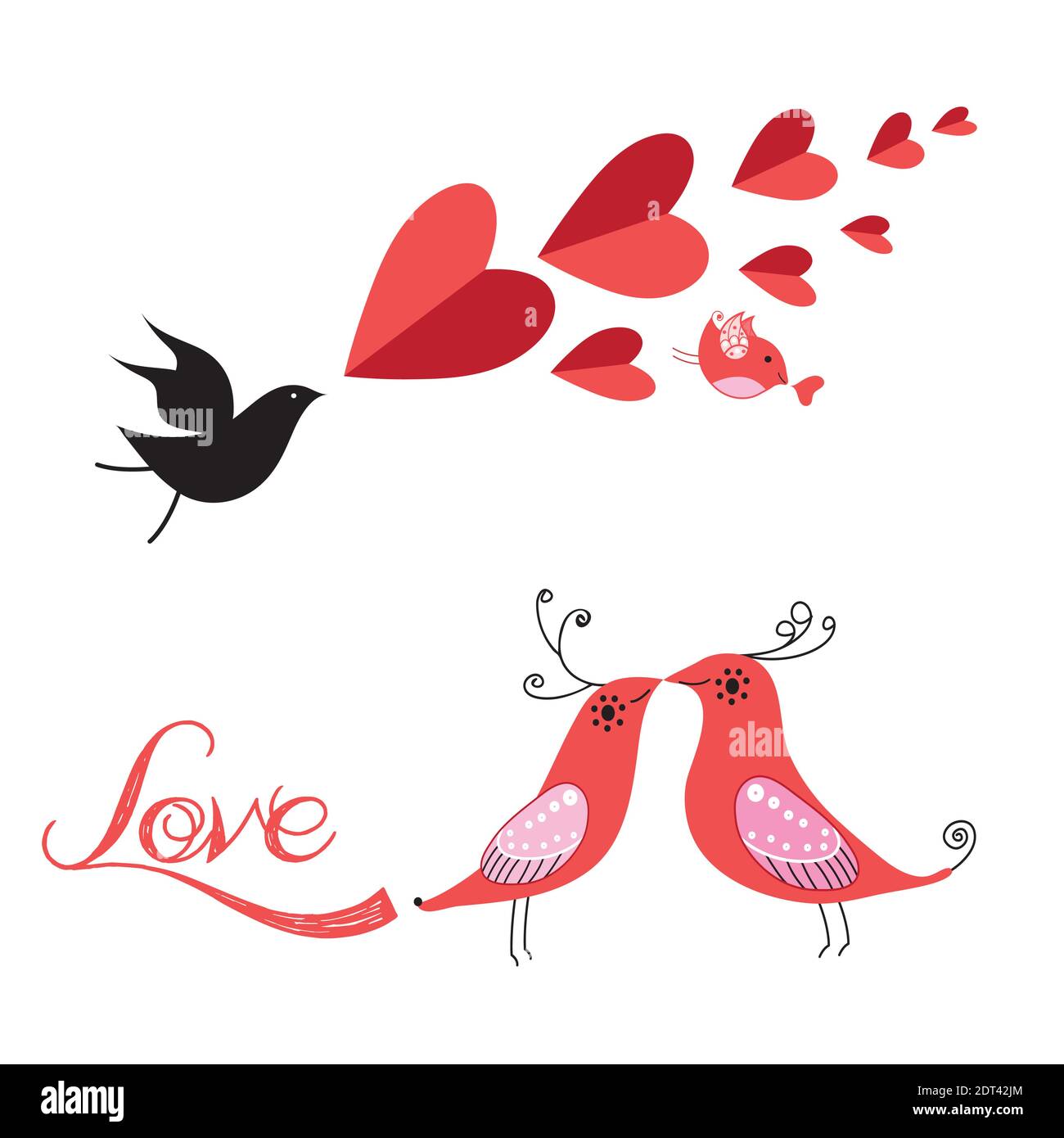 Saint-Valentin festif avec des oiseaux amoureux sur fond blanc. Oiseaux vectoriels d'amour pour la Saint-Valentin Illustration de Vecteur