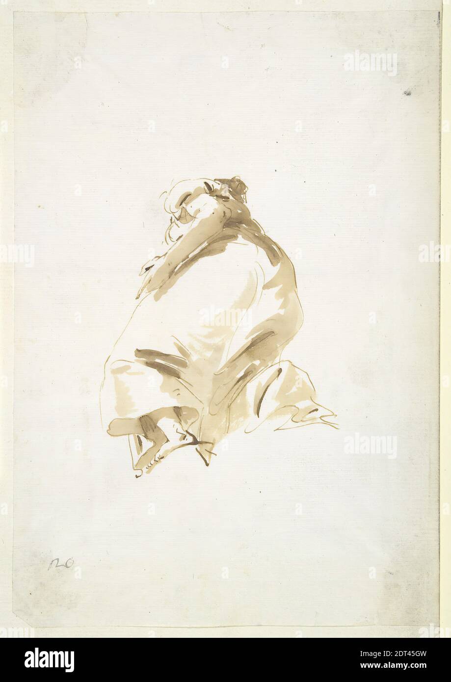 Artiste: Giovanni Battista Tiepolo, Italien, Venise, 1696–1770, figure  féminine debout vue du dos et du dessous, env. 1740–50, encre stylo et  brune et lavage brun sur papier, 28.4 × 19.7 cm (11