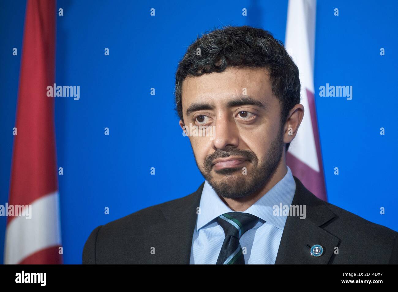 Khalid Bin Mohammed Al Attiyah (Qatar) photographié lors d'une conférence de presse à Paris. Les onze pays du Groupe des amis de la Syrie se sont réunis à Paris pour convaincre l'opposition de participer à Genève-2. Laurent Fabius a présidé la réunion ministérielle, en présence du Président de la Coalition syrienne, Ahmed Al-Jarba. Ministère des Affaires étrangères, à Paris, France, le 12 janvier 2014. Photo de Nicolas Messyasz/ABACAPRESS.COM Banque D'Images