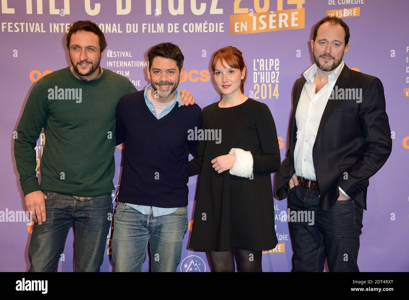 Rodolphe Lauga, Manu Payet, Anais Demoustier et Jean-François Cayrey lors du 17e Festival du film comique de l'Alpe d'Huez en France, le 17 janvier 2014. Photo de Nicolas Briquet/ABACAPRESS.COM Banque D'Images