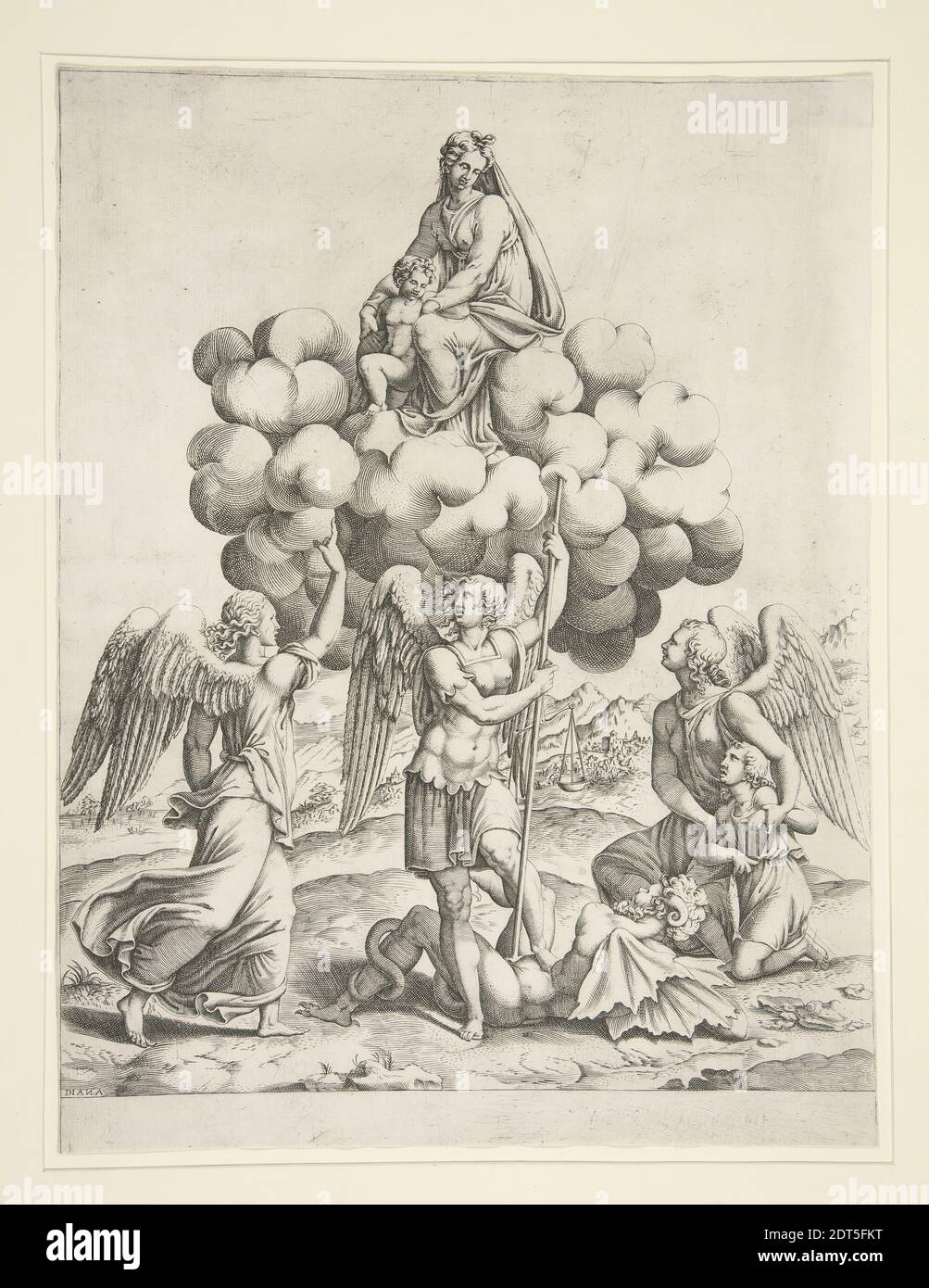 Graveur: Diana Mantuana, italienne, ca. 1547–1612, après: Giulio Pippi, appelé Giulio Romano, Italien, ca. 1499–1546, artiste, autrefois attribué à après : Raphaël, italien, 1483–1520, les Archanges Michel, Gabriel, et Raphaël adorant la Madonna et l'enfant, vers 1570, gravure, feuille: 37.5 × 27.2 cm (14 3/4 × 10 11/16 po), italien, 16e siècle, œuvres sur papier - estampes Banque D'Images