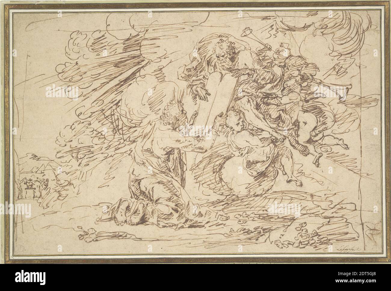 Artiste : Raymond Lafage, français, 1656–1684, Moïse recevant les tablettes de la Loi, vers 1680, encre de plume et brune sur craie noire, feuille : 23.5 × 35.8 cm (9 1/4 × 14 1/8 po), l'intensité émotionnelle de la rencontre de Moïse avec Dieu est ici véhiculée par la force apparemment explosive émanant de Dieu et des Tablets de la Loi. Les rayons émanant de la tête de Moïse se réfèrent au texte d'Exode 34:29 : la peau de son visage shone. En bas de la plaine, on voit les Israélites danser autour d'un veau d'or; quand Moïse descendit et les trouva engagés dans cette idolâtrie, il fracassa les tablettes. Raymond Lafage Banque D'Images
