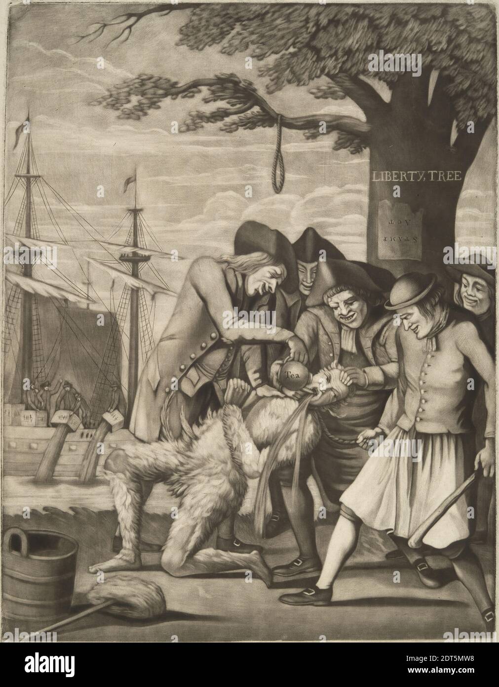 Artiste, attribué à: Philip Dawe, Britannique, ca. 1750 environ 1790, Éditeur: Robert Sayer, British, 1725–1794, Éditeur: James M. Bennett, américain, actif à la mi-fin du XVIIIe siècle, les Bostoniens payant l'accise-Man ou tarring et plumes, planche 1 de 6, Mezzotint avec quelques travaux de burin, feuille: 47.3 × 29.5 cm (18 5/8 × 11 5/8 po), la tension politique couvait entre les colons américains et la Grande-Bretagne depuis plusieurs années, lorsqu'elle a finalement atteint le point d'ébullition sur le Tea Act de 1773. Avec cette loi, le Parlement a accordé à la société anglaise en difficulté de l'Inde orientale un monopole sur Banque D'Images