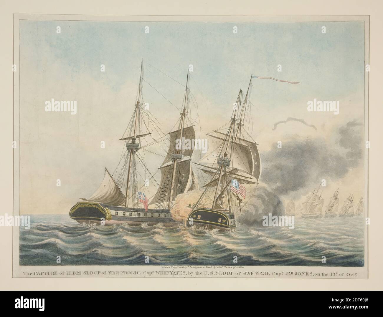 Artiste: F. Kearney, après: Lt. Claxton, américain, 1813–1881, la capture de H. B. M. Sloop de War Frolic (par la guêpe), Aquatint, coloré à la main, feuille: 36 × 55 cm (14 3/16 × 21 5/8 po.), fabriqué aux États-Unis, américain, 19e siècle, œuvres sur papier - estampes Banque D'Images