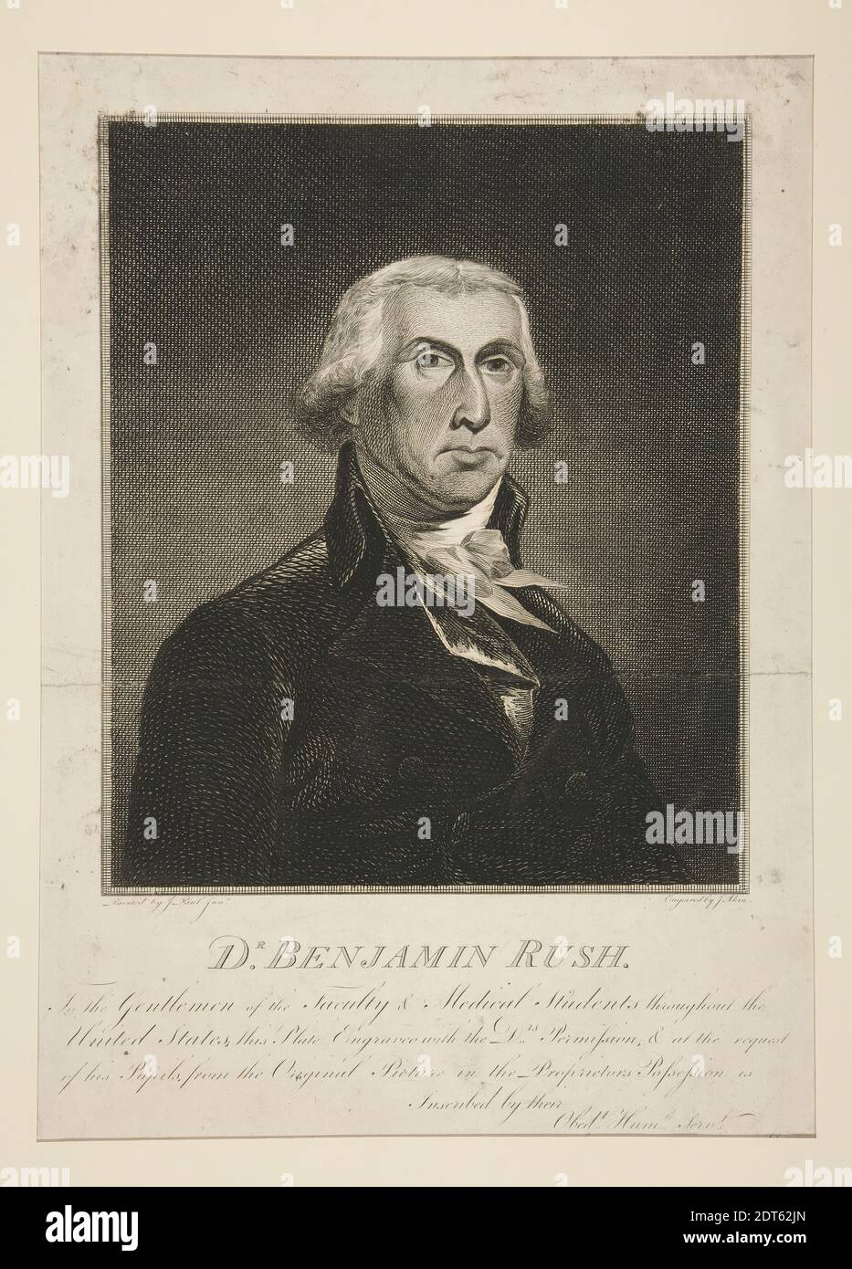 Graveur: James Akin, américain, ca. 1773–1846, après : Jeremiah Paul, cuisine américaine, 1775/76–1820, Dr. Benjamin Rush, 20 mars 1800, Etching et gravure, feuille : 27.3 × 20 cm (10 3/4 × 7 7/8 in.), fabriqué aux États-Unis, cuisine américaine, 19e siècle, œuvres sur papier - gravures Banque D'Images