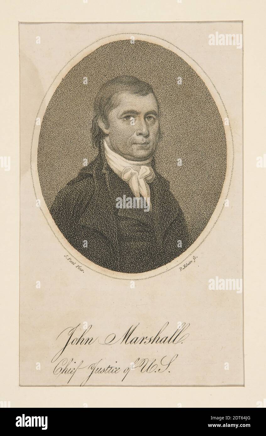 Graveur: David Edwin, américain, né en Angleterre, 1776–1841, d'après: Jeremiah Paul, américain, 1775/76–1820, John Marshall / juge en chef des États-Unis, gravure en créplet, noir et blanc, feuille: 21 × 13 cm (8 1/4 × 5 1/8 in.), fabriqué aux États-Unis, américain, 19e siècle, oeuvres sur papier - estampes Banque D'Images