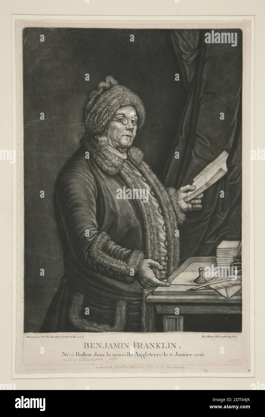 Artiste: Johann Martin will, Allemand, 1727–1806, après: Charles-Nicolas Cochin le plus jeune, Français, 1715–1790, Benjamin Franklin, gravure Mezzotint, noir et blanc, feuille: 38 × 25.2 cm (14 15/16 × 9 15/16 in.), fait en Allemagne, Allemand, 18ème siècle, oeuvres sur papier - tirages Banque D'Images Artiste: Johann Martin will, Allemand, 1727–1806, après: Charles-Nicolas Cochin le plus jeune, Français, 1715–1790, Benjamin Franklin, gravure Mezzotint, noir et blanc, feuille: 38 × 25.2 cm (14 15/16 × 9 15/16 in.), fait en Allemagne, Allemand, 18ème siècle, oeuvres sur papier - tirages Banque D'Images