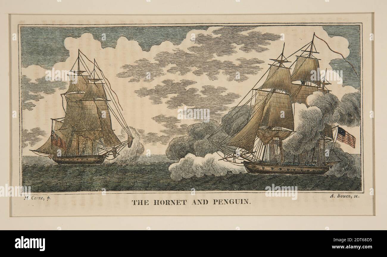 Artiste: Abel Bowen, américain, 1790–1850, après: Michele Felice Cornè, américain, né en Italie, 1752–1845, le Hornet et le Penguin, un dans une série de huit, gravure de ligne, coloré, monté en série de huit, feuille: 13 × 21.5 cm (5 1/8 × 8 7/16 po), fabriqué aux États-Unis, aux États-Unis, 19e siècle, travaux sur papier - tirages Banque D'Images