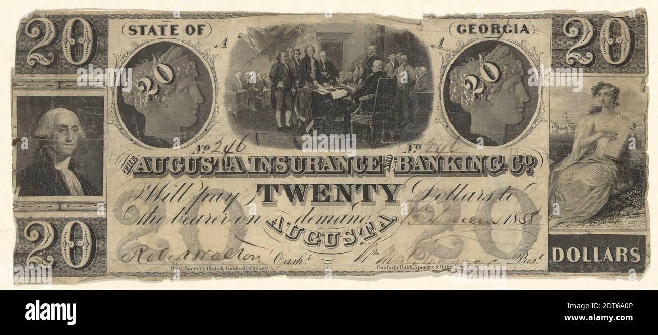20 Dollar bill publié par Augusta Insurance & amp; Banking Co., Augusta, Géorgie en 1858 avec gravures de la déclaration d'indépendance après Trumbull, Washington après Stuart (?), 7.6 × 19.1 cm (3 × 7 1/2 in.), fabriqué aux États-Unis, américain, 19e siècle, œuvres sur papier - autre Banque D'Images