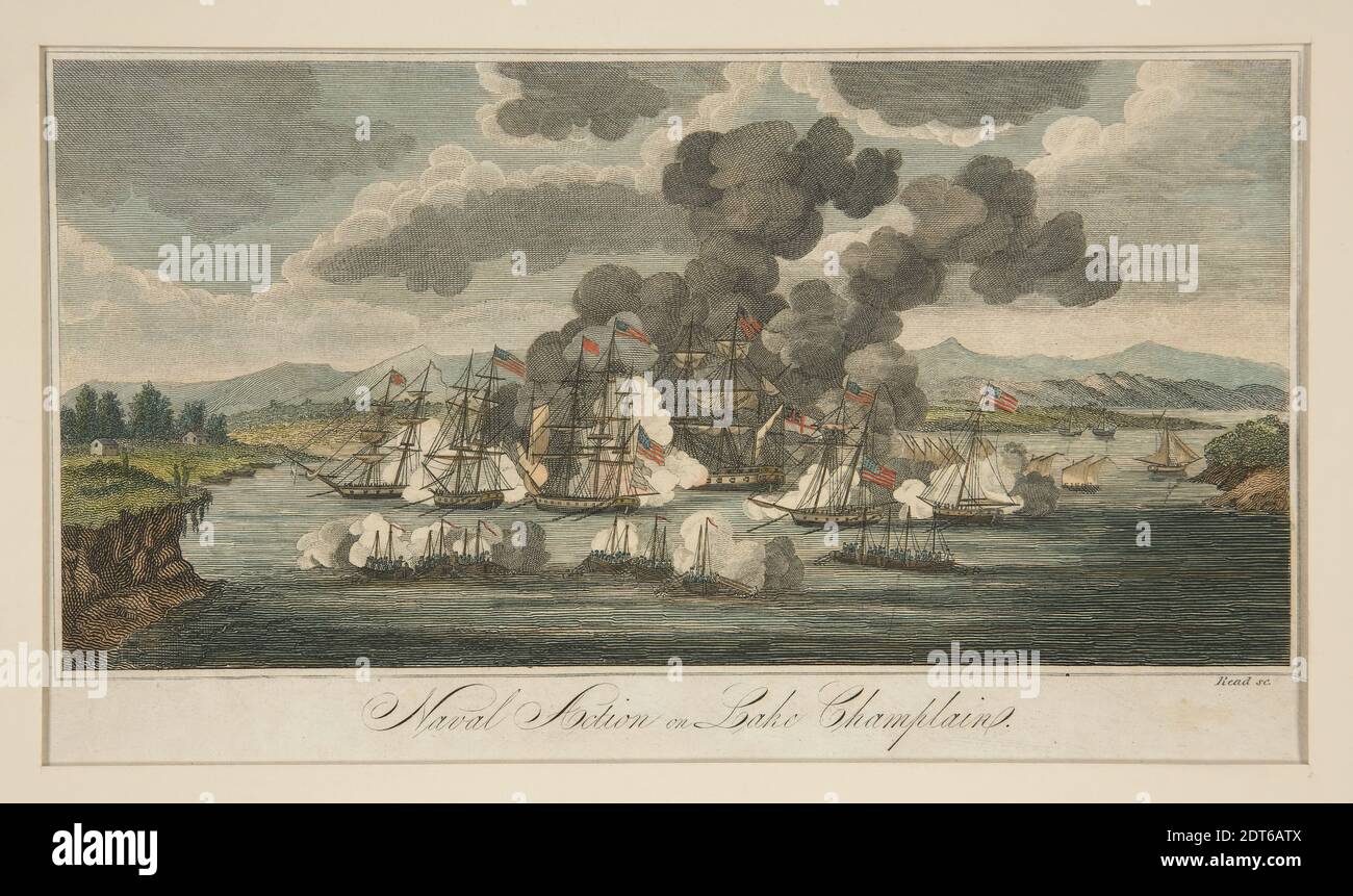 Graveur: Inconnu, action navale sur le lac Champlain, gravure et gravure, couleur main, feuille: 13 × 21.5 cm (5 1/8 × 8 7/16 in.), fabriqué aux Etats-Unis, américain, 19e siècle, oeuvres sur papier - estampes Banque D'Images