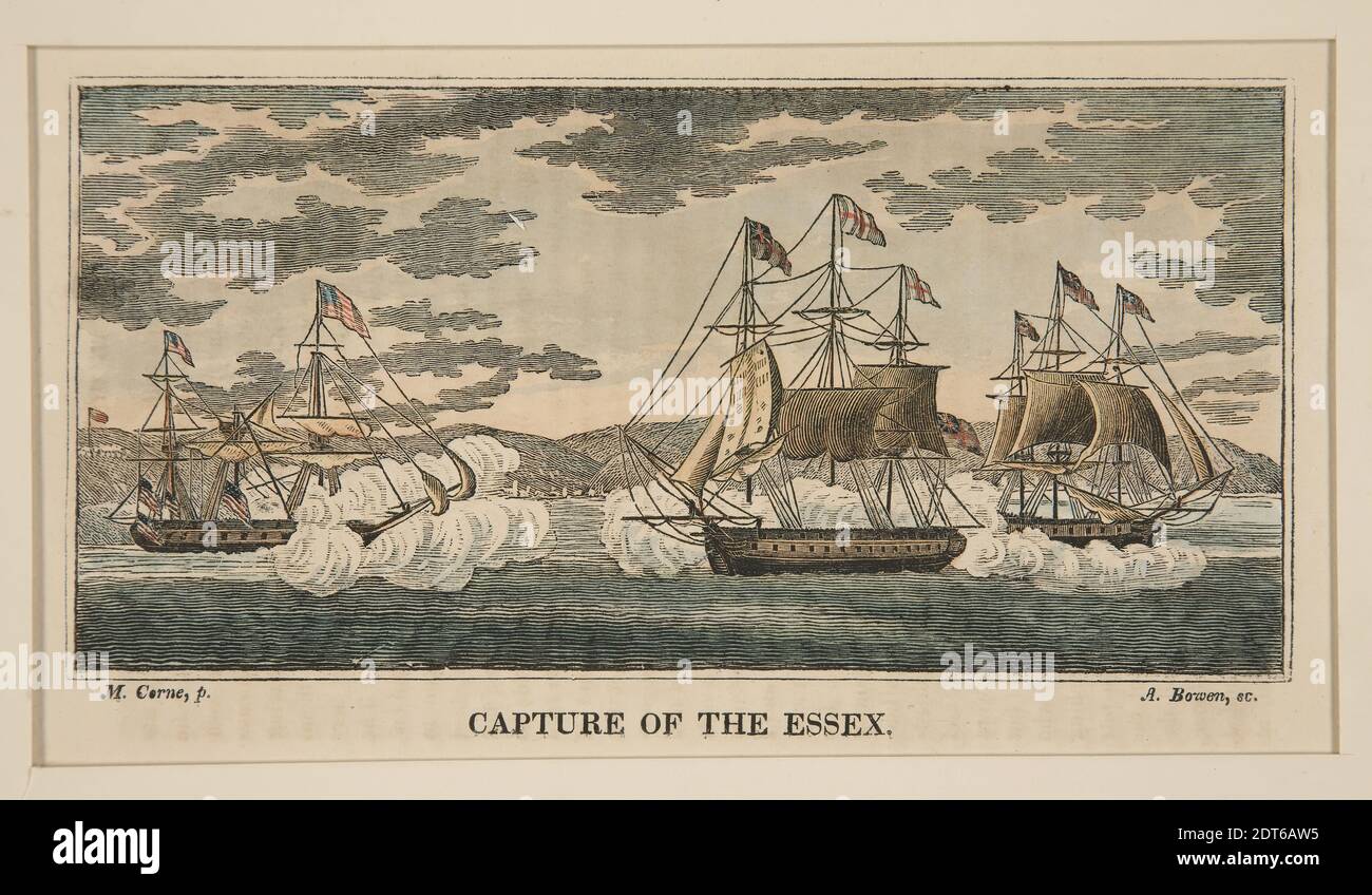 Artiste: Abel Bowen, américain, 1790–1850, après: Michele Felice Cornè, américain, né en Italie, 1752–1845, Capture de l'Essex, un dans une série de huit, gravure de ligne, coloré, monté en série de huit, feuille: 13 × 21.5 cm (5 1/8 × 8 7/16 po), fabriqué aux États-Unis, aux États-Unis, 19e siècle, travaux sur papier - tirages Banque D'Images